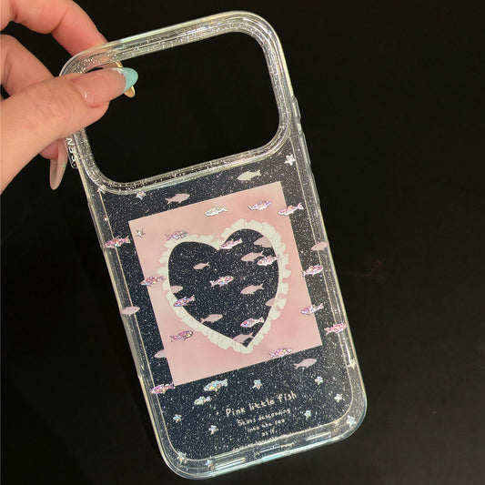 Girl Pink Hollow Heart Gilt Goldfish Acrylic Phone Case
