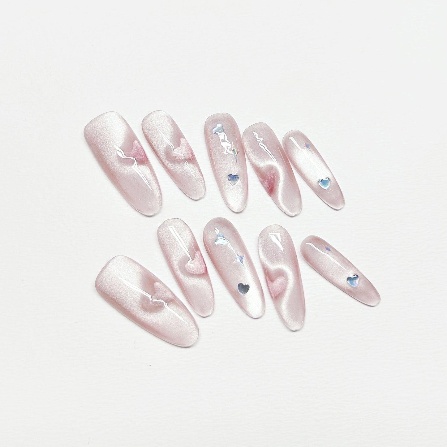 Pink Heart Cat-eye Nail - Long Almond