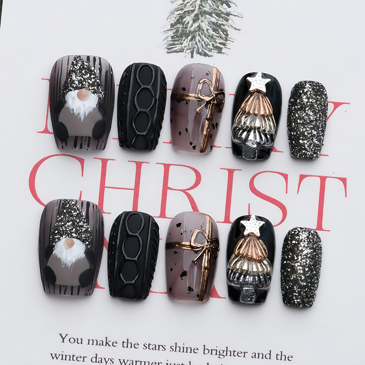 Black Cartoon Christmas Nail  - Short Coffin
