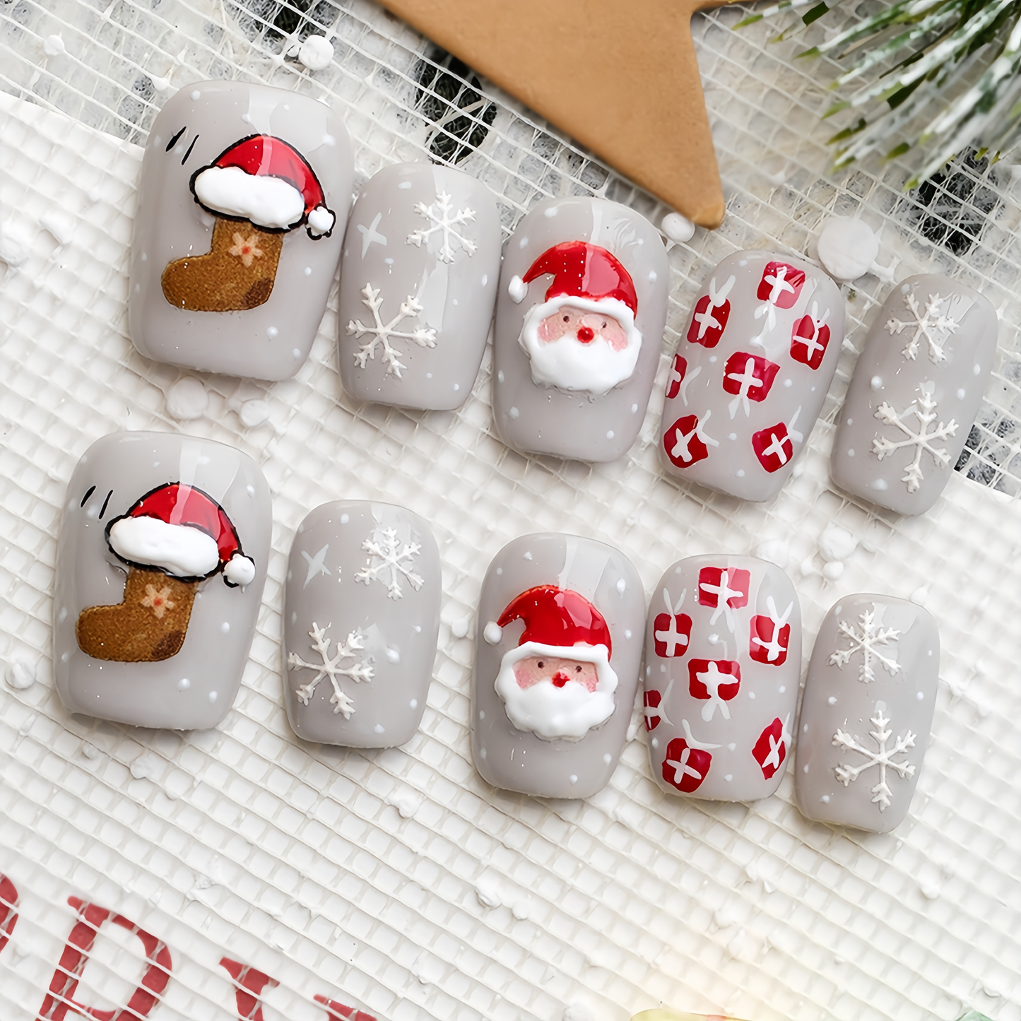 Gray Cartoon Christmas Nail - Medium Square