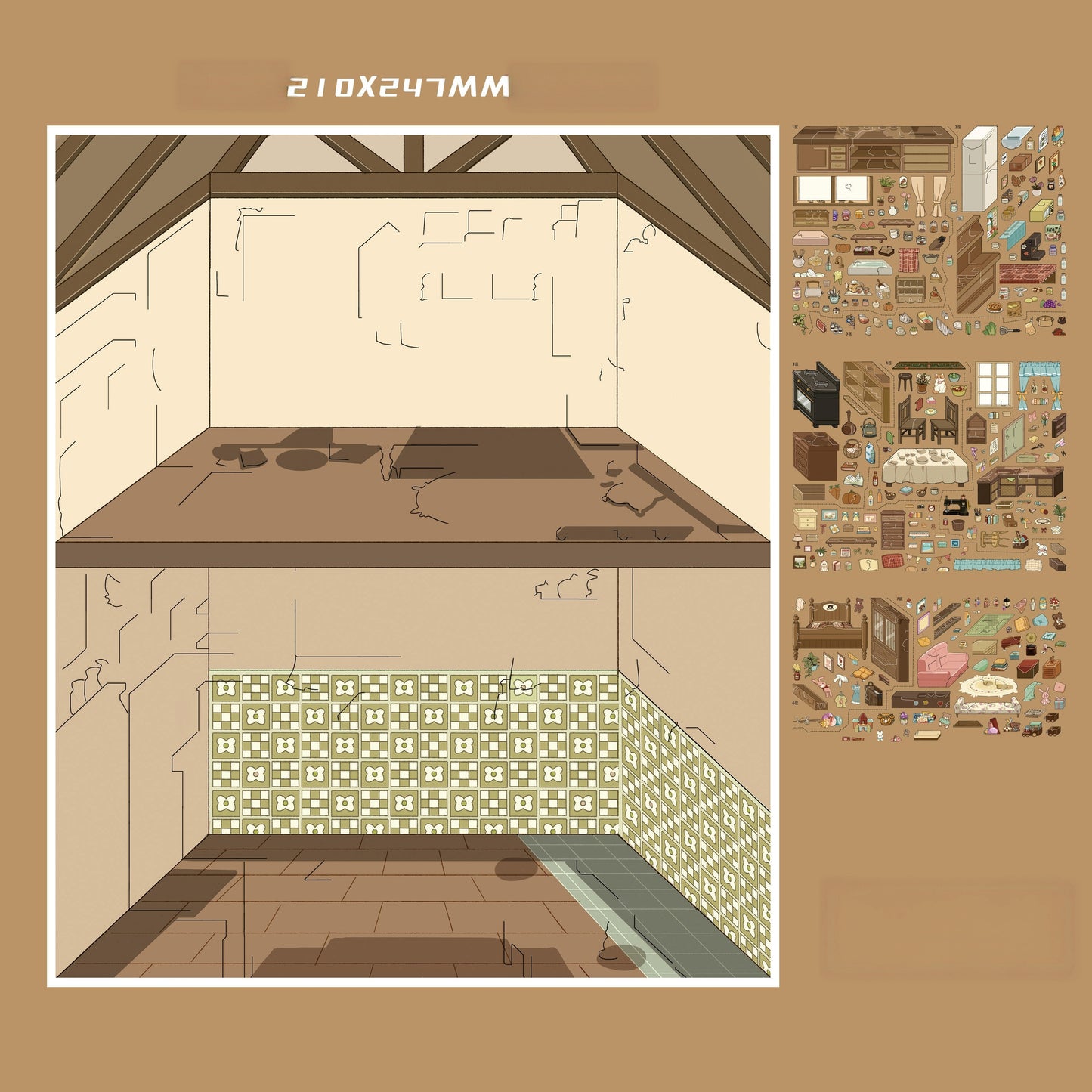 Brown Home 3D Sticker | 2 Cute Miniature Scenes