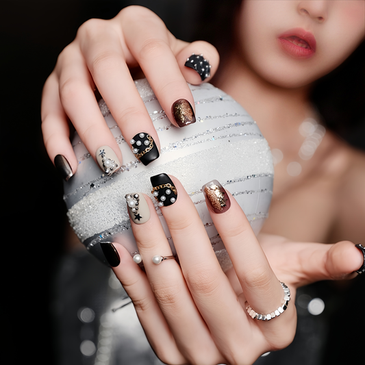 Black Matte Hand-painted Christmas Nail with Pearl  - Medium Square