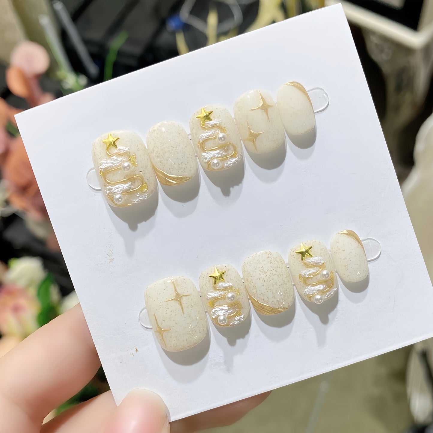 Beige Glided Gold Christmas Nail with Pearl - Medium Square