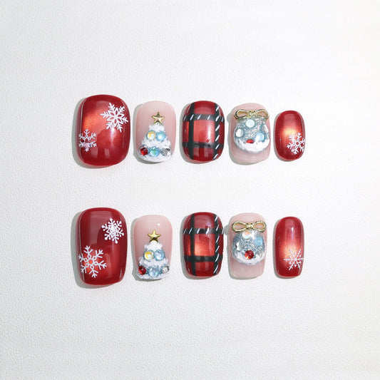 Red Cat-eye Checked Christmas Nail with Gem - Medium Square
