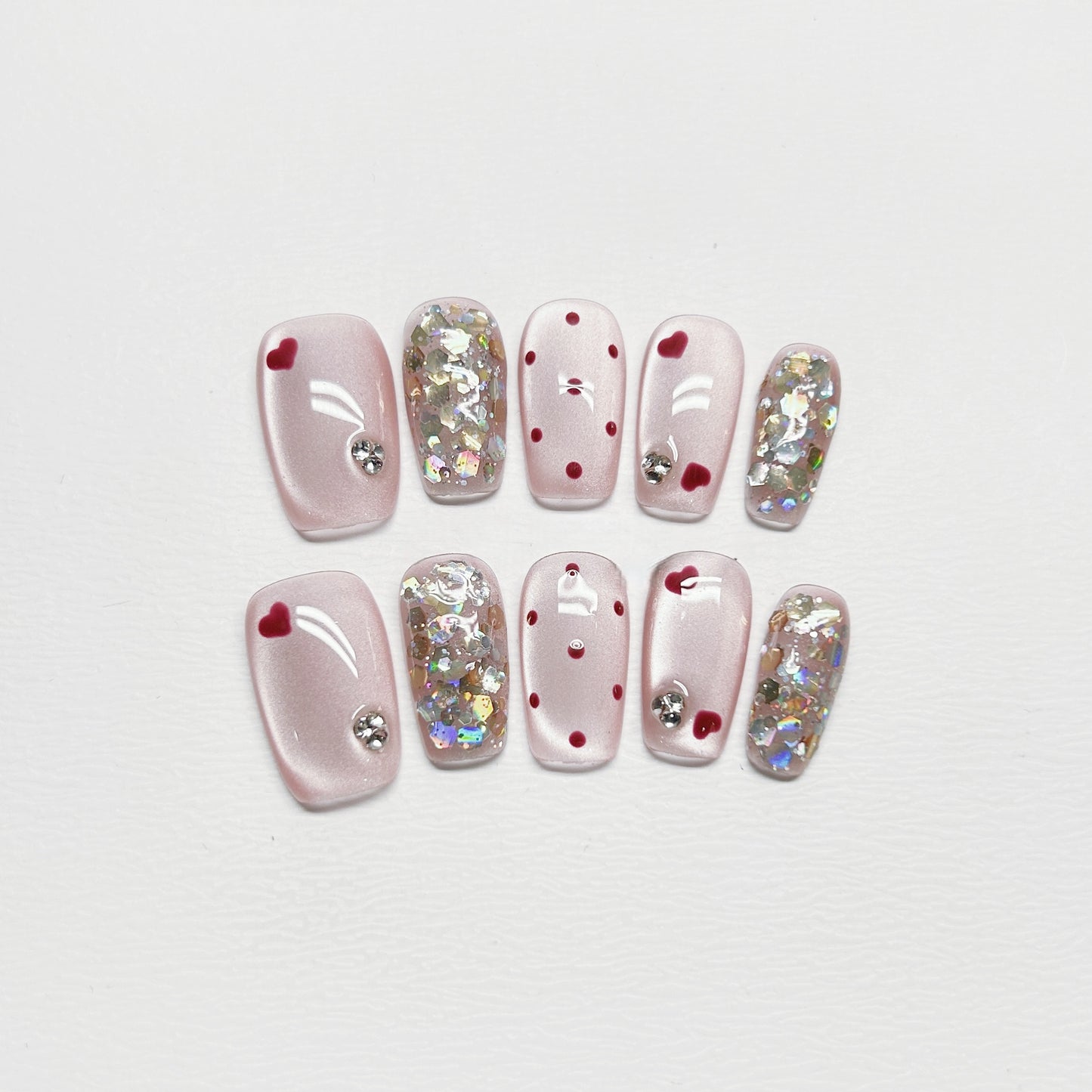 Pink Cat-Eye Polka Dot French Nails with Diamond - Medium Square