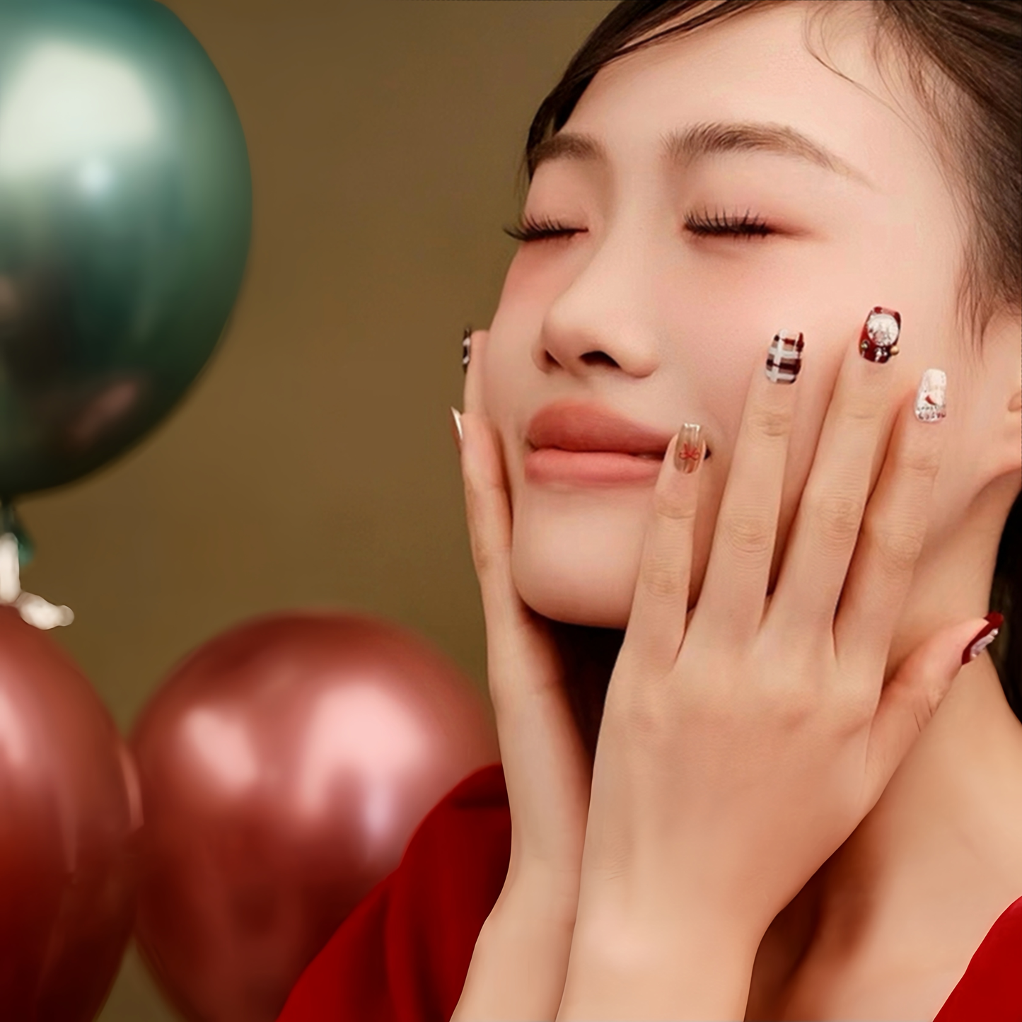 Red Cartoon Christmas Checked Nail with Pearl - Medium Square