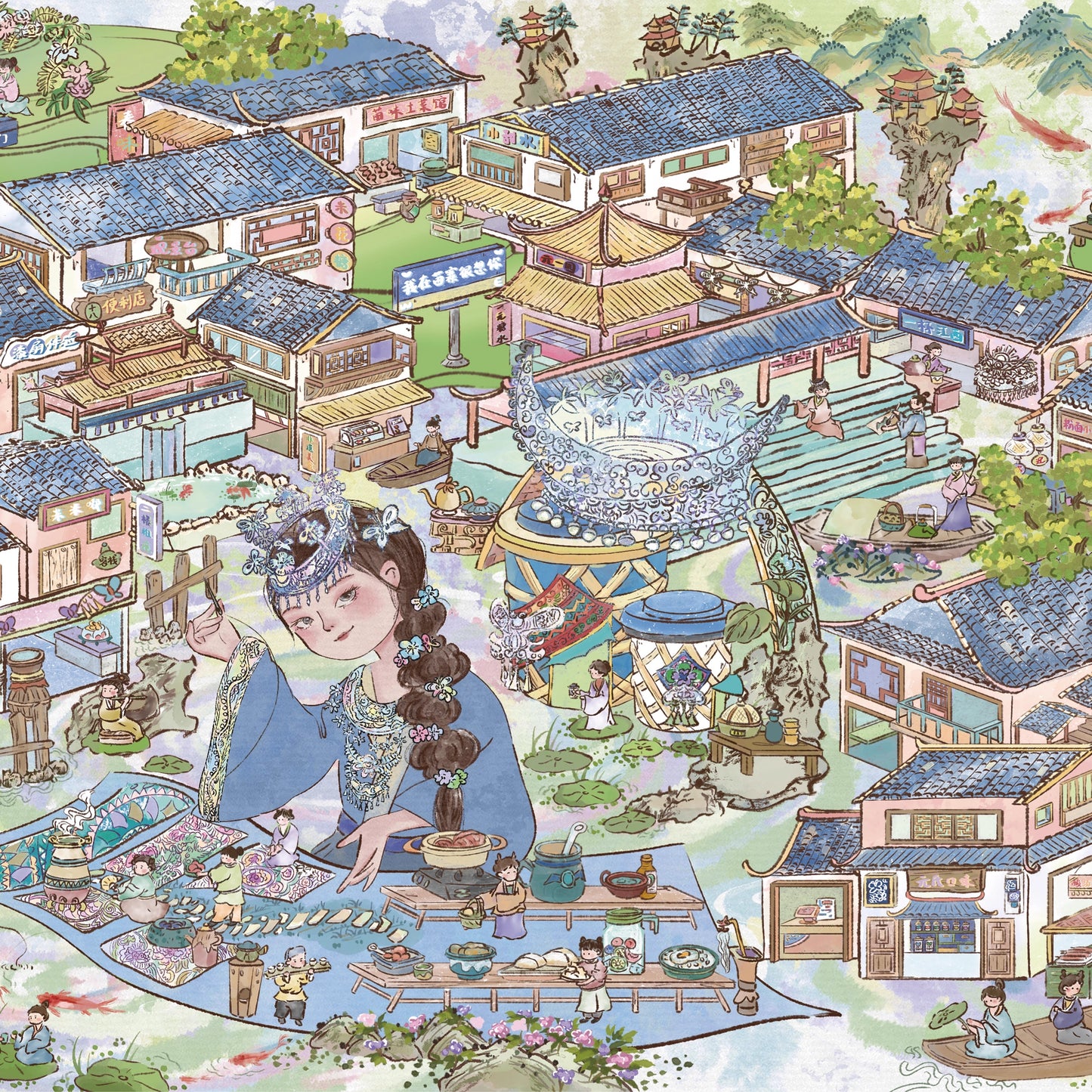 Ancient Chinese Village 3D Sticker | 2 Cute Miniature Scenes