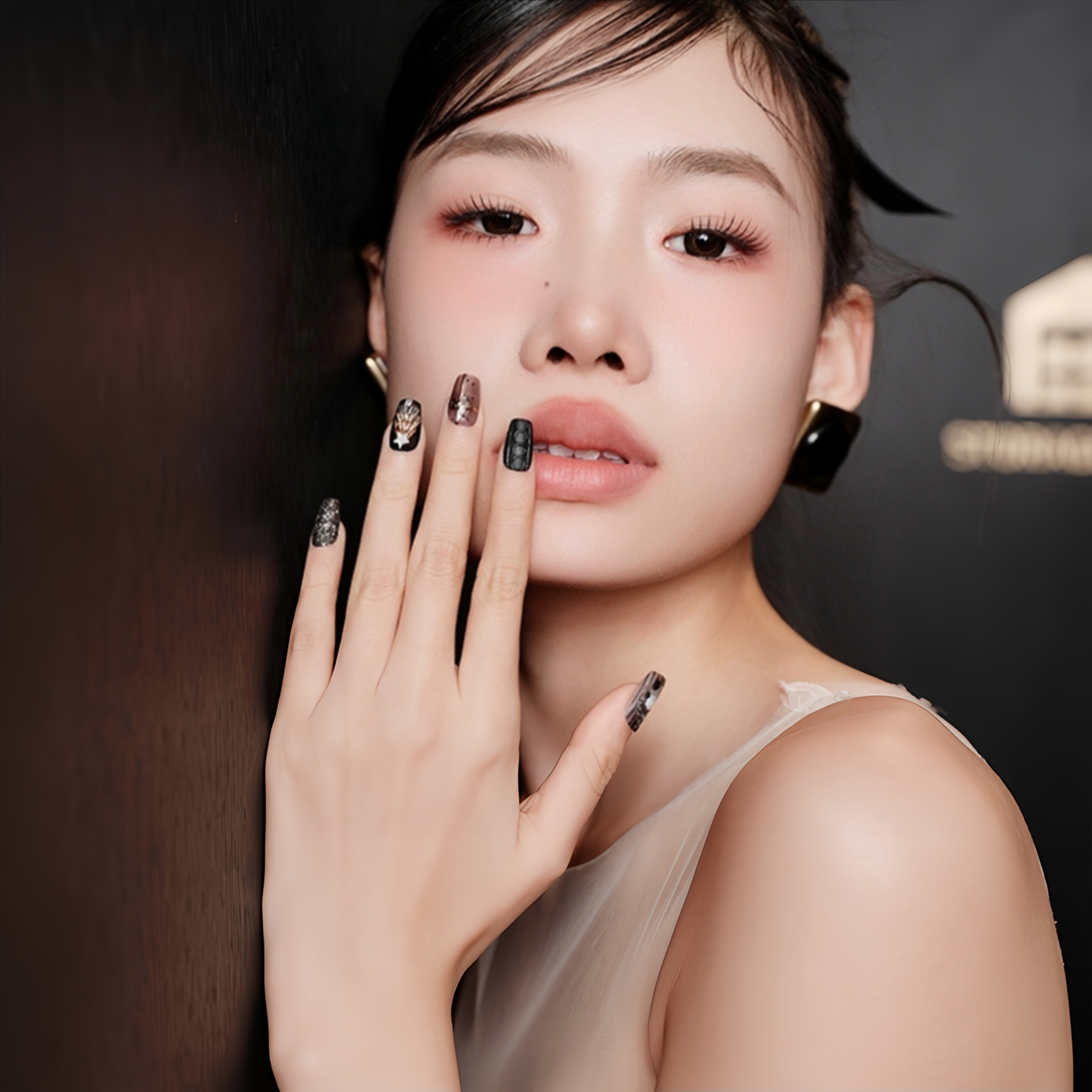 Black Cartoon Christmas Nail  - Short Coffin