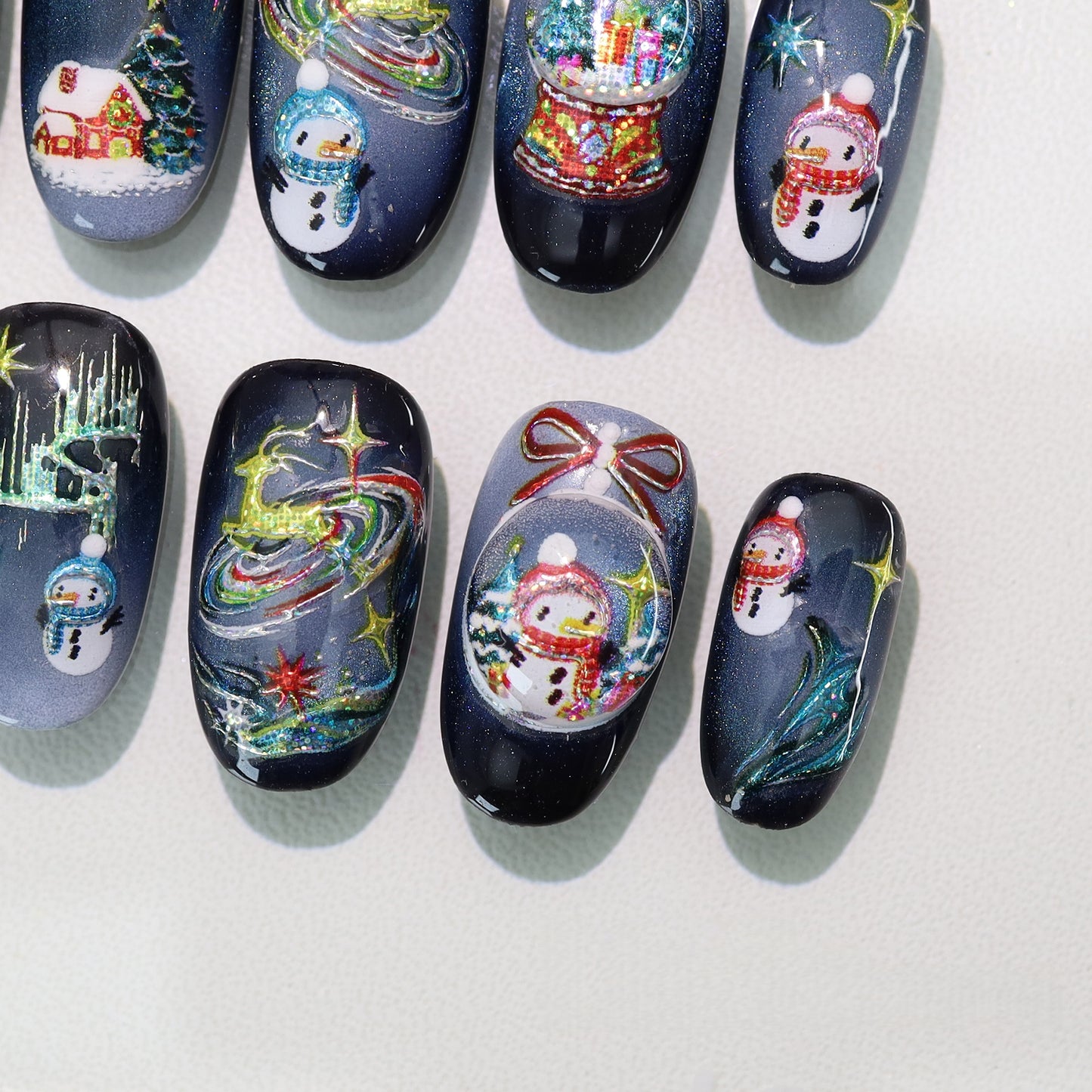 Blue Gradient Hand-painted Cartoon Christmas Nail - Medium Almond