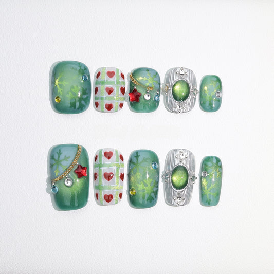 Green Gradient Cay-eye  Chekced Christmas Nail with Diamond/Gem - Medium Square
