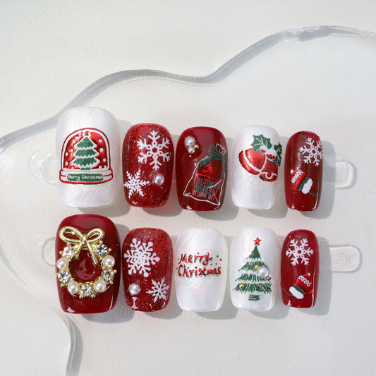 Red French Shinny Hand Painted Christmas Nail with Diamond/Pearl - Short Coffin