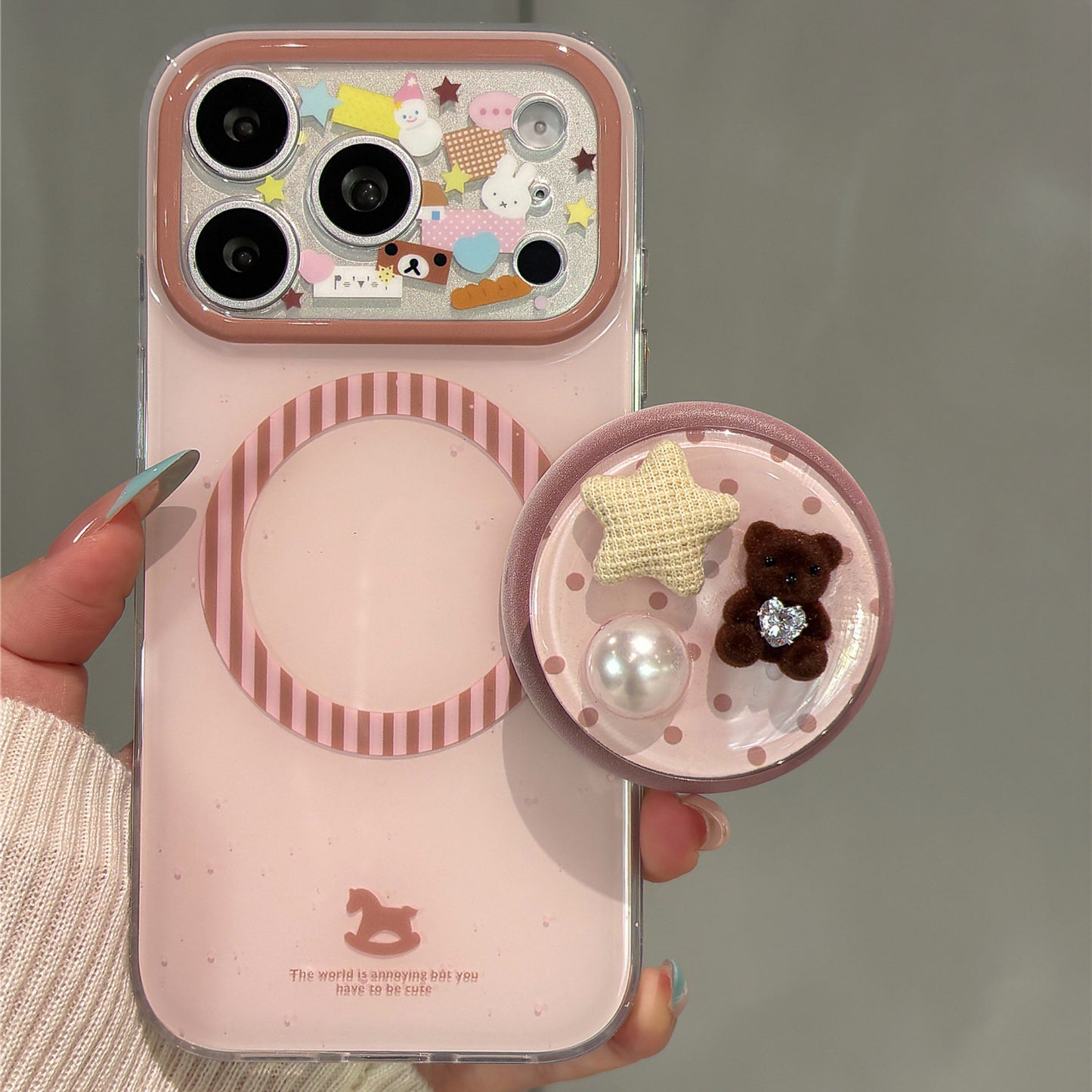 Pastel Pink Cute Bear and Star Magnetic Stand Acrylic Phone Case