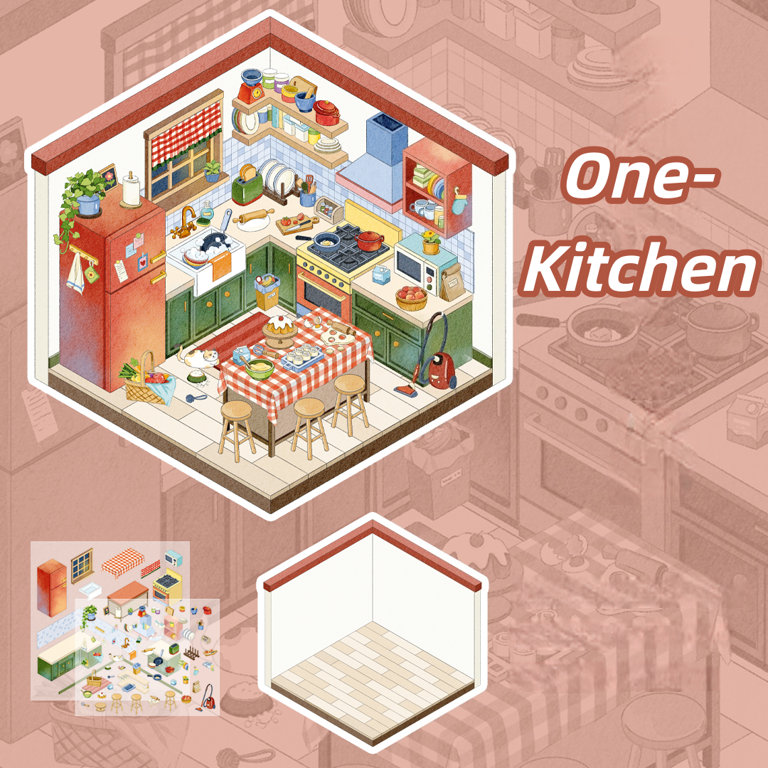 One-bedroom Apartment 3D Sticker | 4 Cute Miniature Scenes