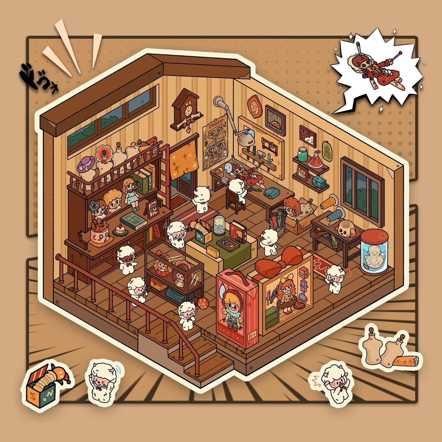 Little Lamb's Creepy Storytime 3D Sticker | 4 Cute Miniature Scenes