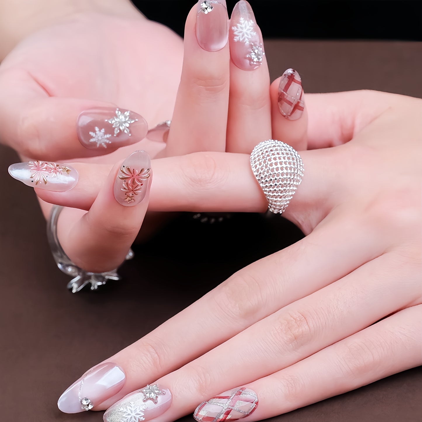 Pink Checked Christmas Nail with Diamond  - Medium Almond