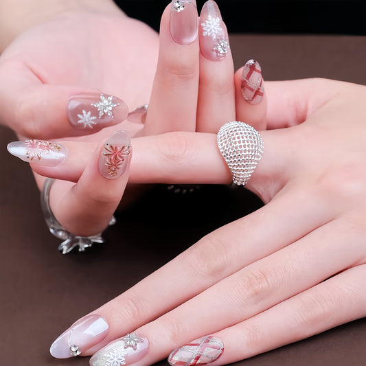 Pink Checked Christmas Nail with Diamond  - Medium Almond