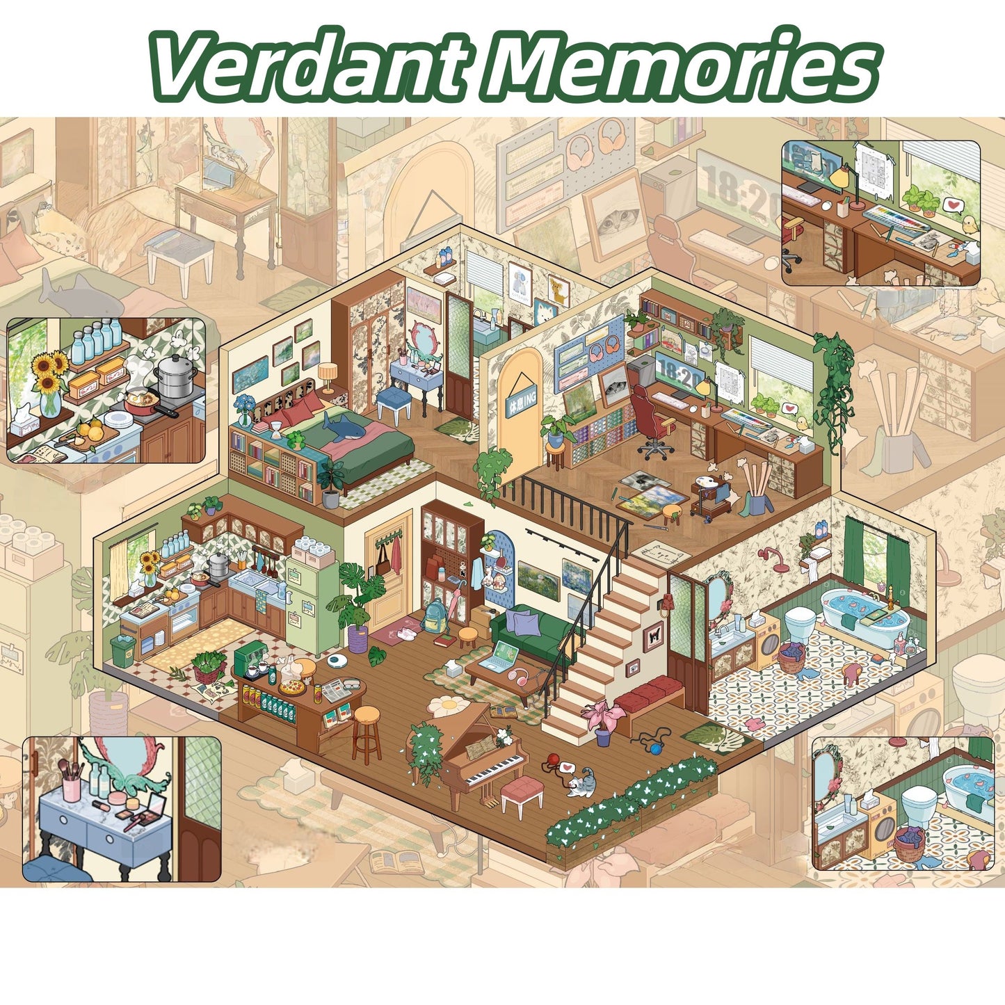 Green Apartment 3D Sticker | 2 Cute Miniature Scenes