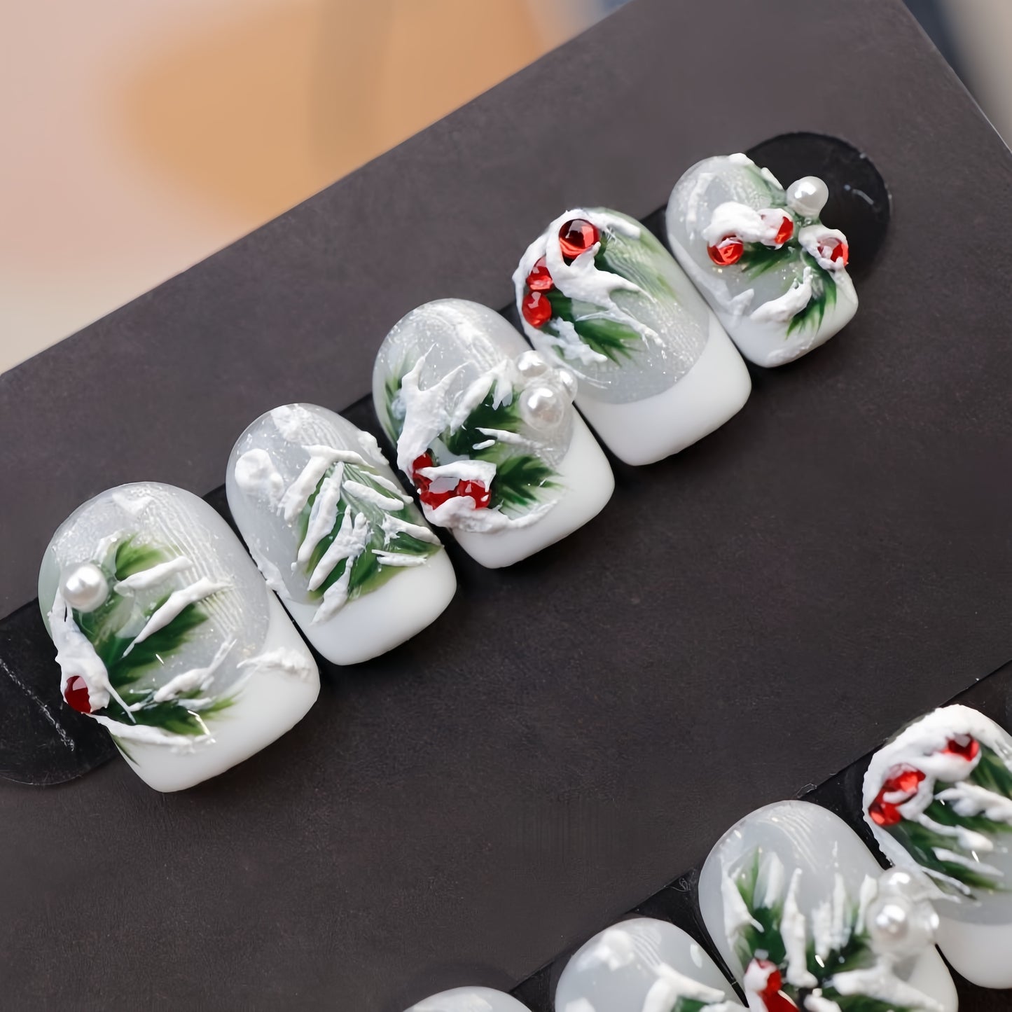 Grey French Hand-painted Christmas Nail with Gem/Pearl - Short Coffin