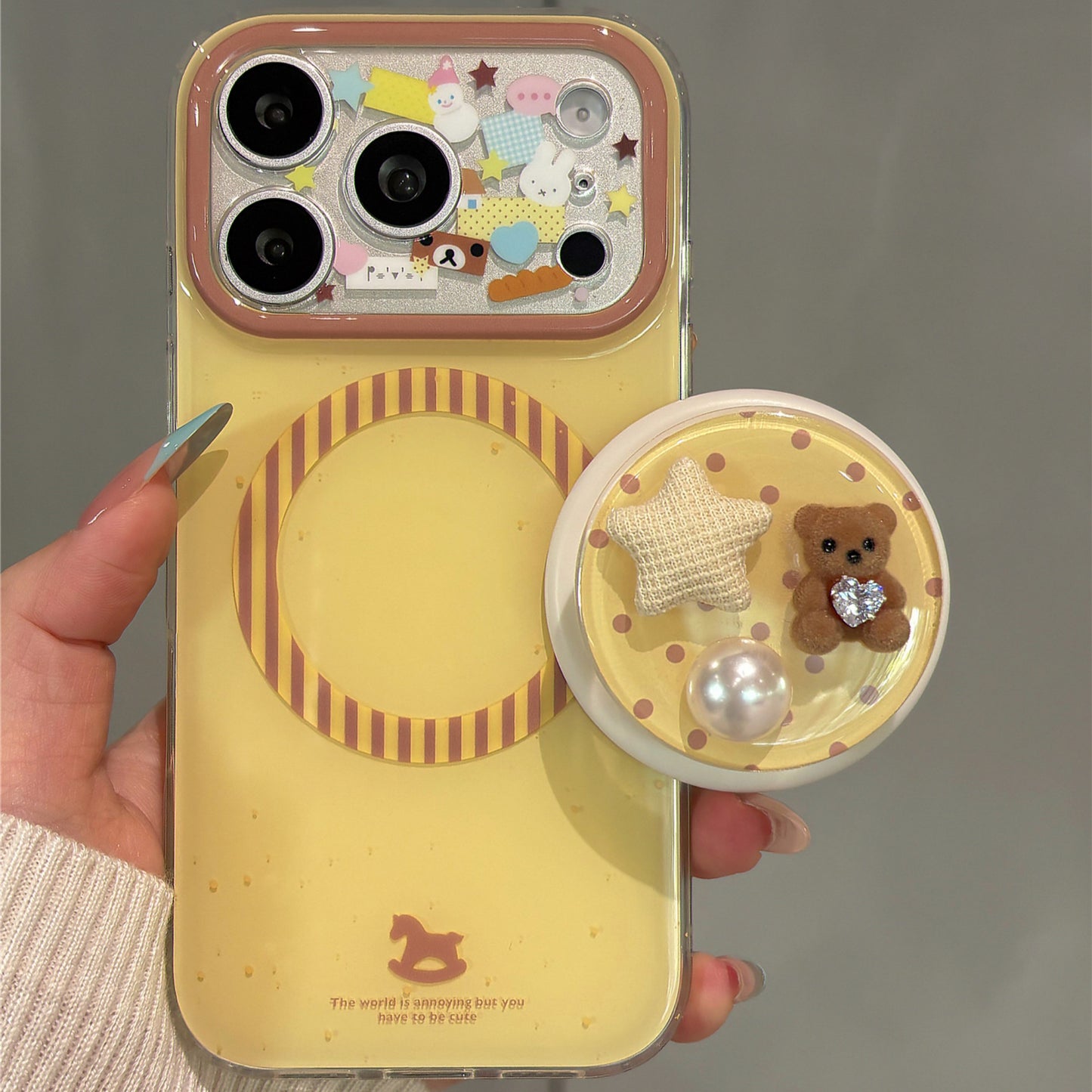 Pastel Yellow Cute Bear and Star Magnetic Stand Acrylic Phone Case