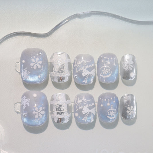 Blue Cat-eye Hand-painted Christmas Nail with Pearl - Medium Square