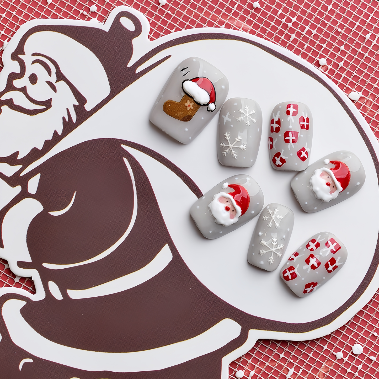 Gray Cartoon Christmas Nail - Medium Square