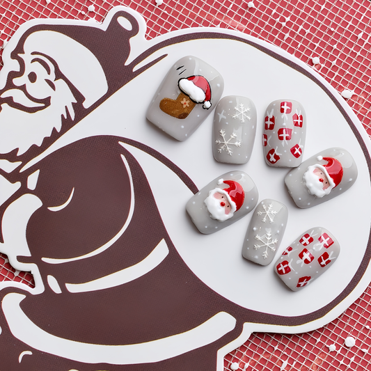 Gray Cartoon Christmas Nail - Medium Square