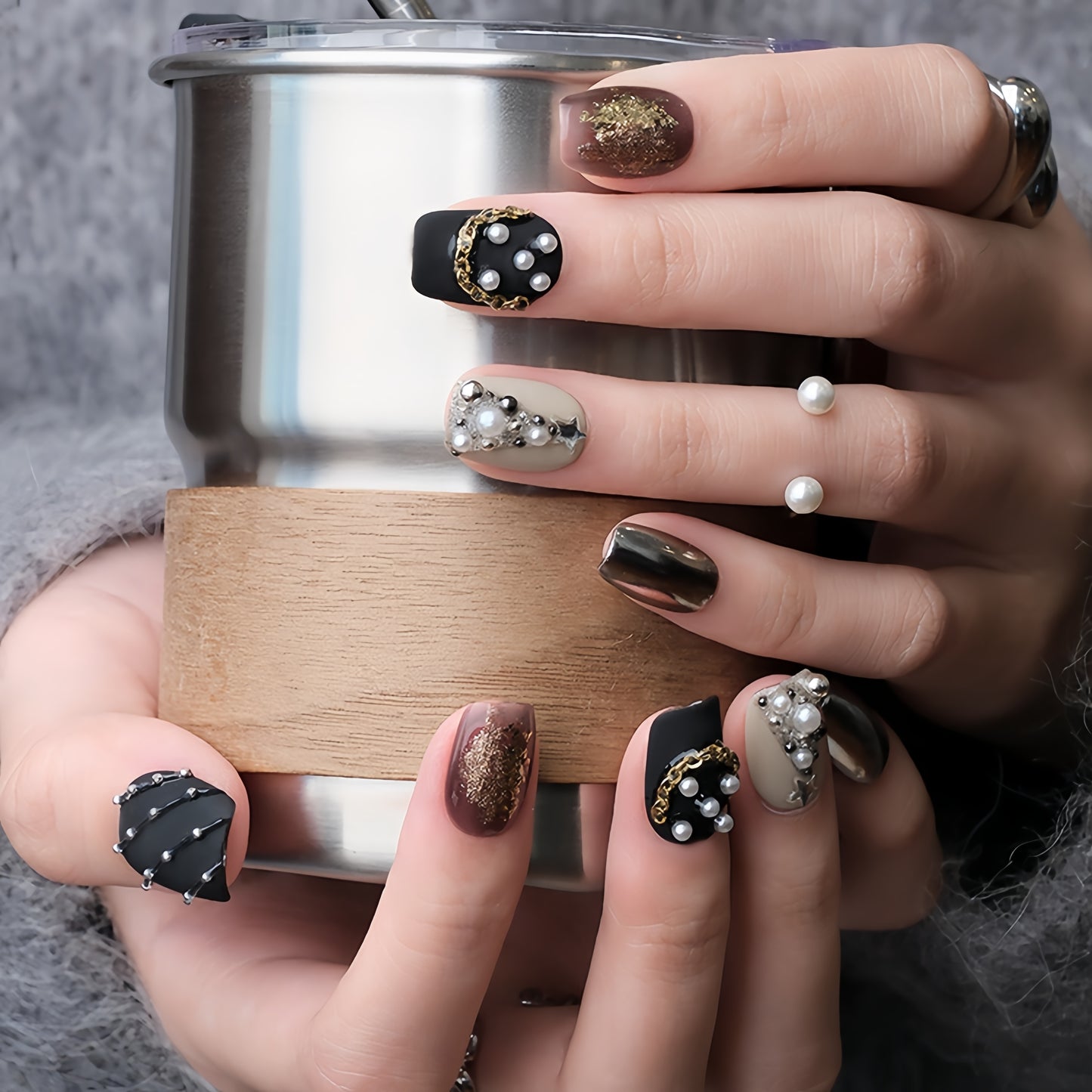 Black Matte Hand-painted Christmas Nail with Pearl  - Medium Square