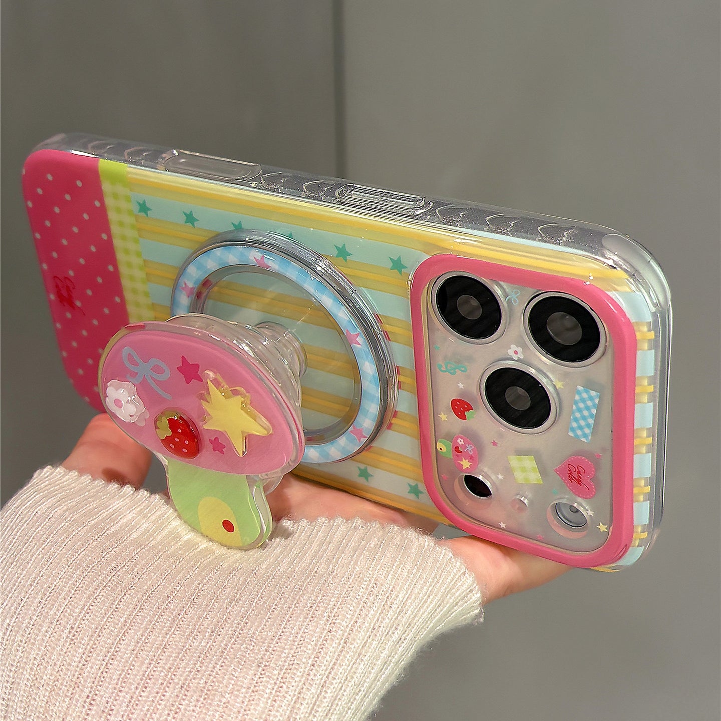 Pink and Yellow Striped Mushroom Magnetic Stand Acrylic Phone Case