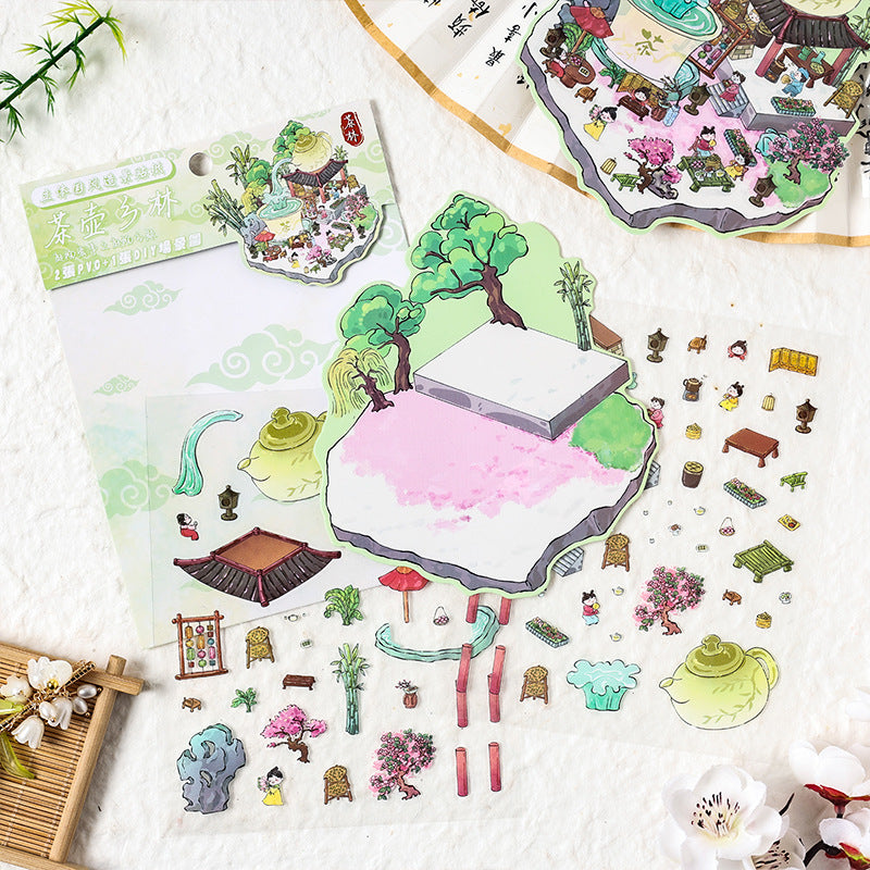 Chinese Garden 3D Sticker | 4 Cute Miniature Scenes