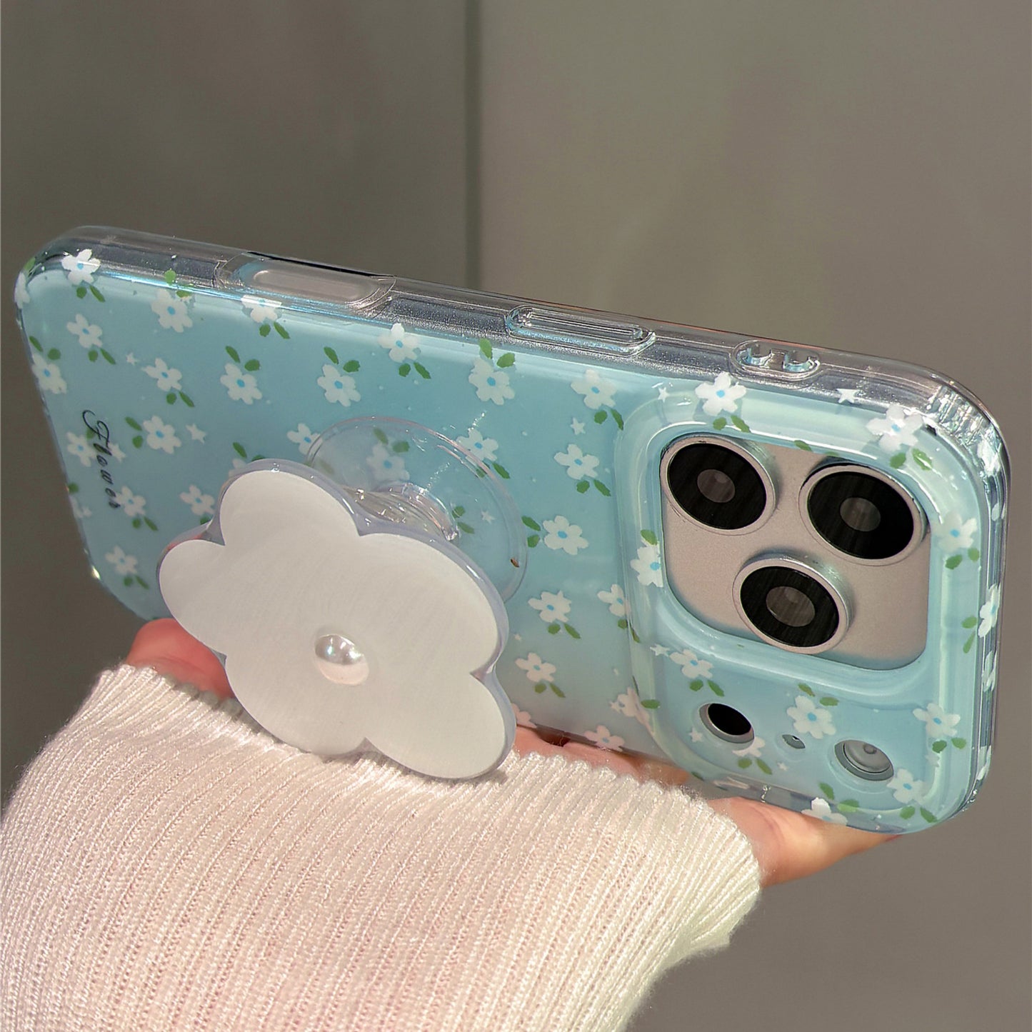 Mint Blue Little White Flowers Magnetic Stand Acrylic Phone Case