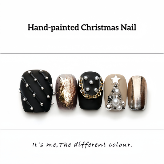 Black Matte Hand-painted Christmas Nail with Pearl  - Medium Square