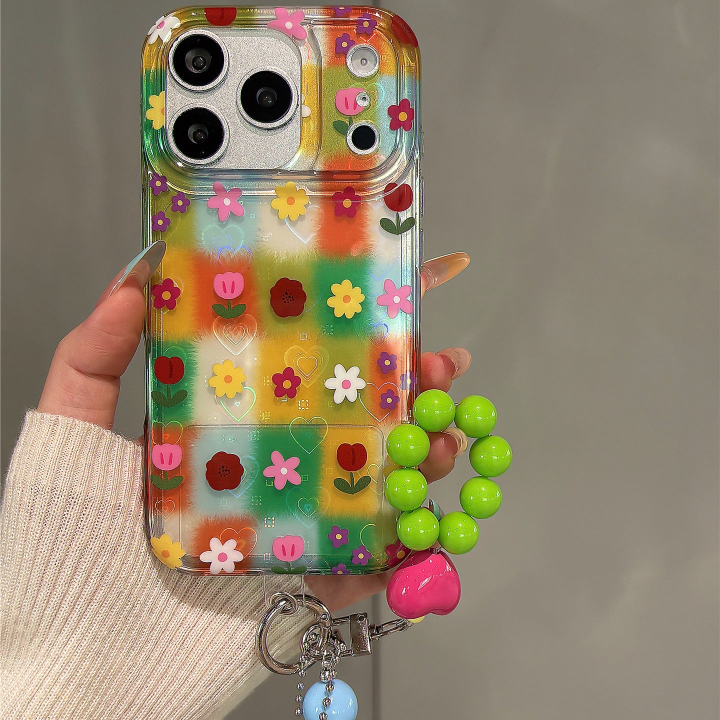 Colorful Grid Holographic Heart Flowers Acrylic Phone Case