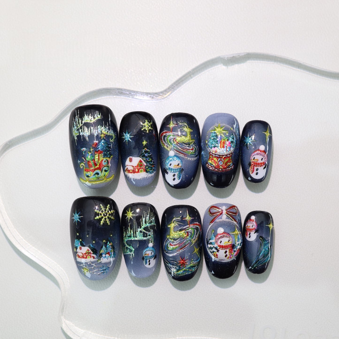Blue Gradient Hand-painted Cartoon Christmas Nail - Medium Almond