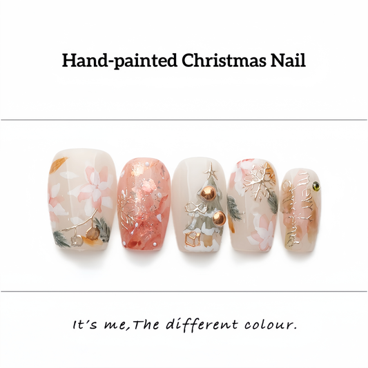 White Hand-painted Glided Gold Christmas Nail - Short Coffin