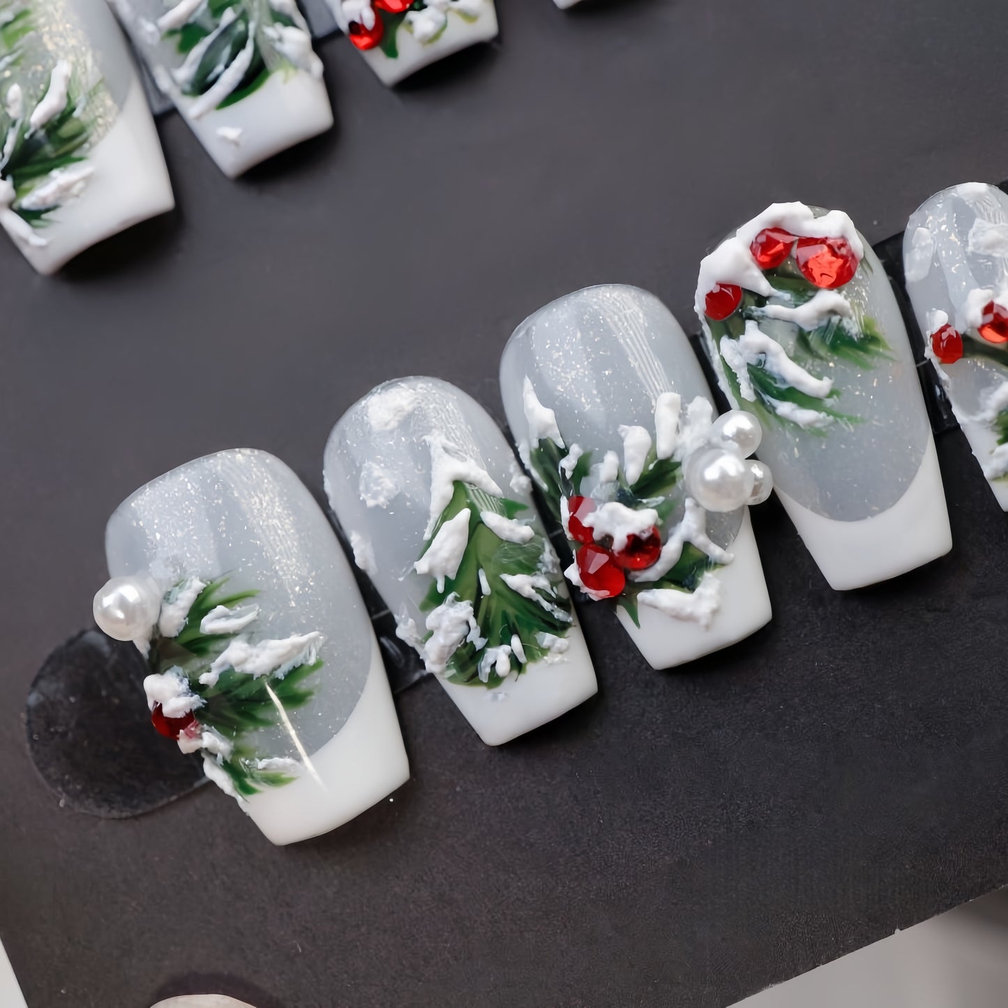 Grey French Hand-painted Christmas Nail with Gem/Pearl - Short Coffin