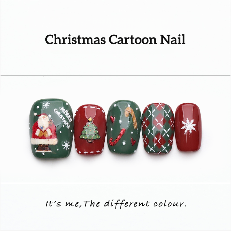Hand-painted Cartoon Christmas Nail - Medium Square