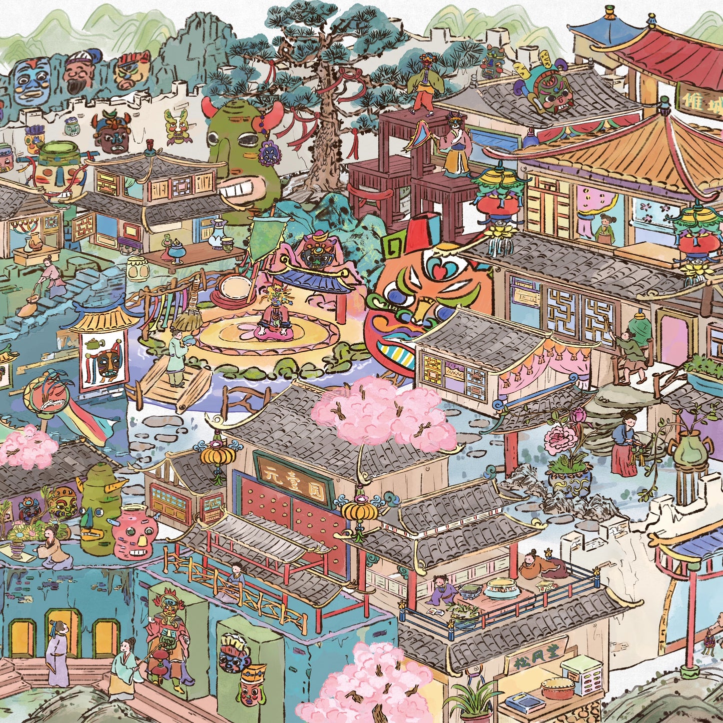 Ancient Chinese Village 3D Sticker | 2 Cute Miniature Scenes