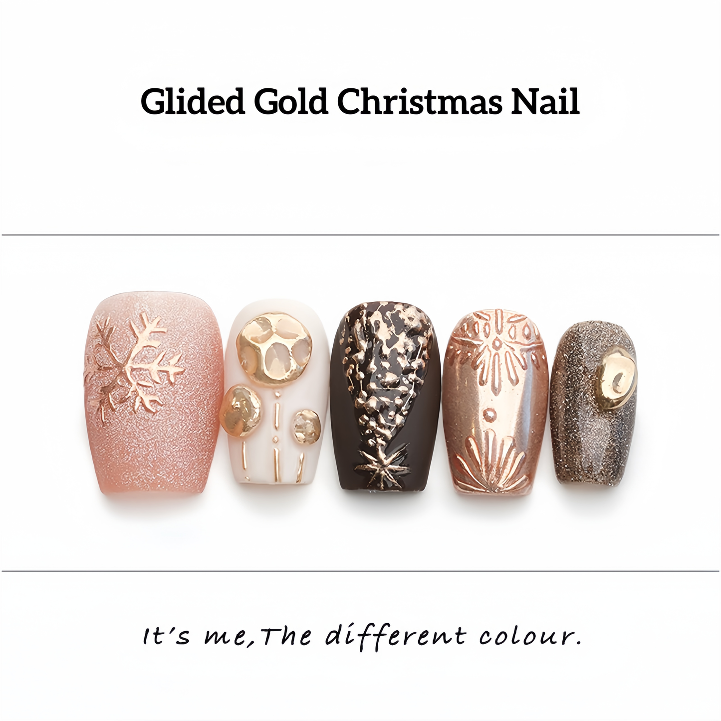 Glided Gold Shinny Hand-painted Christmas Nail - Short Coffin