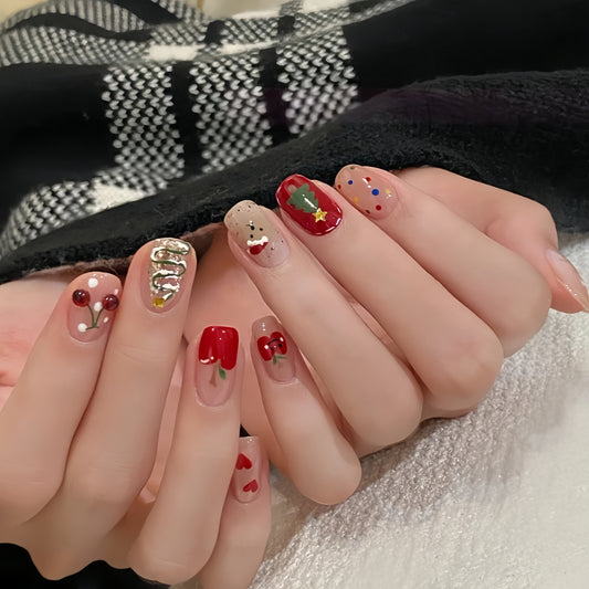 Glided Gold Hand-painted Cartoon Dot Christmas Nail - Medium Square