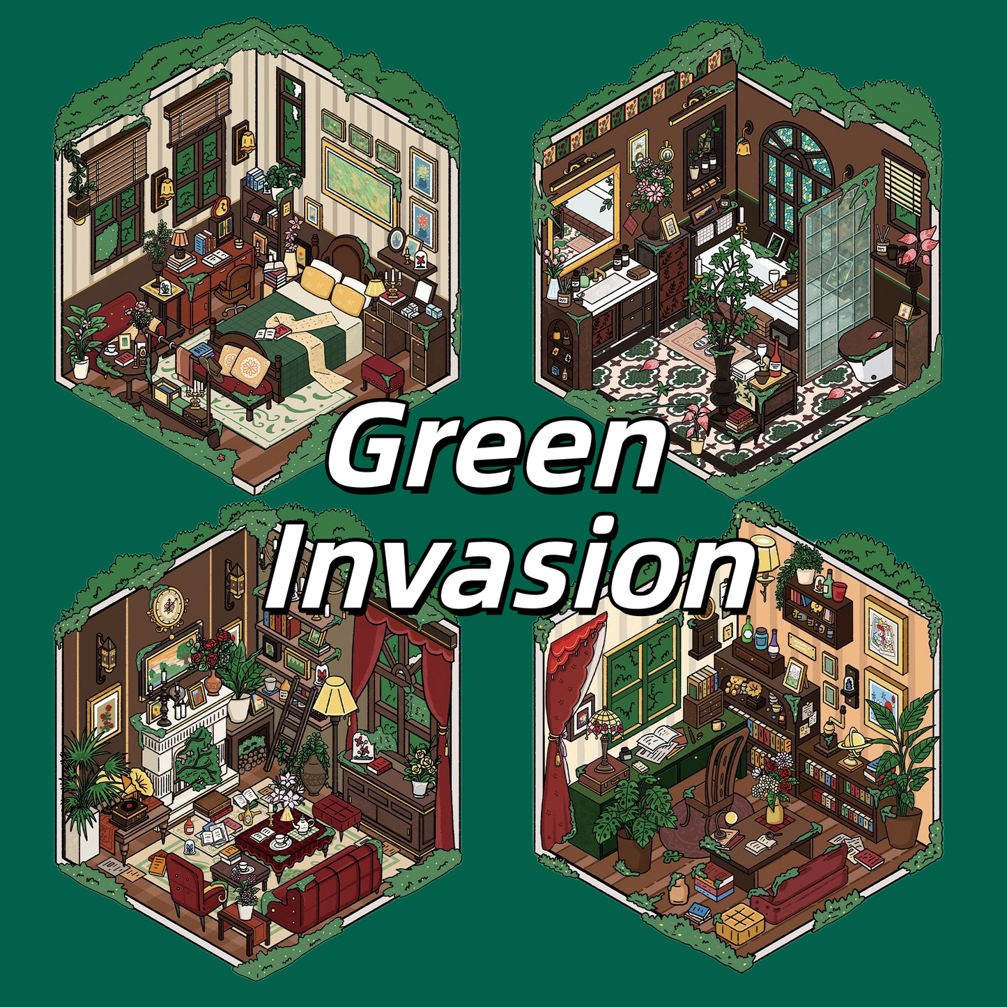 Green Invasion 3D Sticker | 4 Cute Miniature Scenes