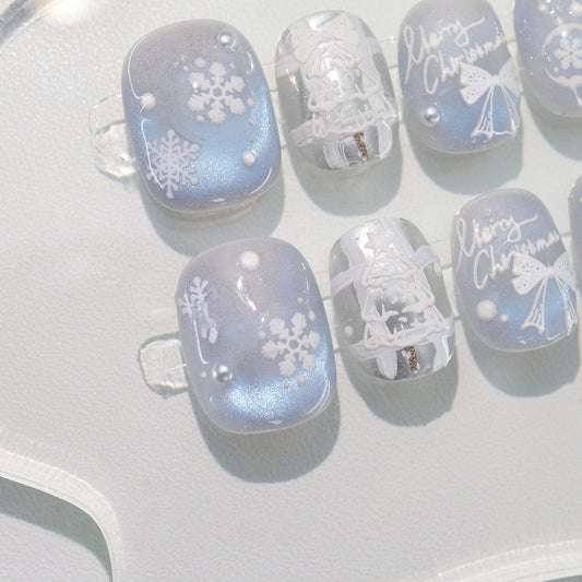Blue Cat-eye Hand-painted Christmas Nail with Pearl - Medium Square