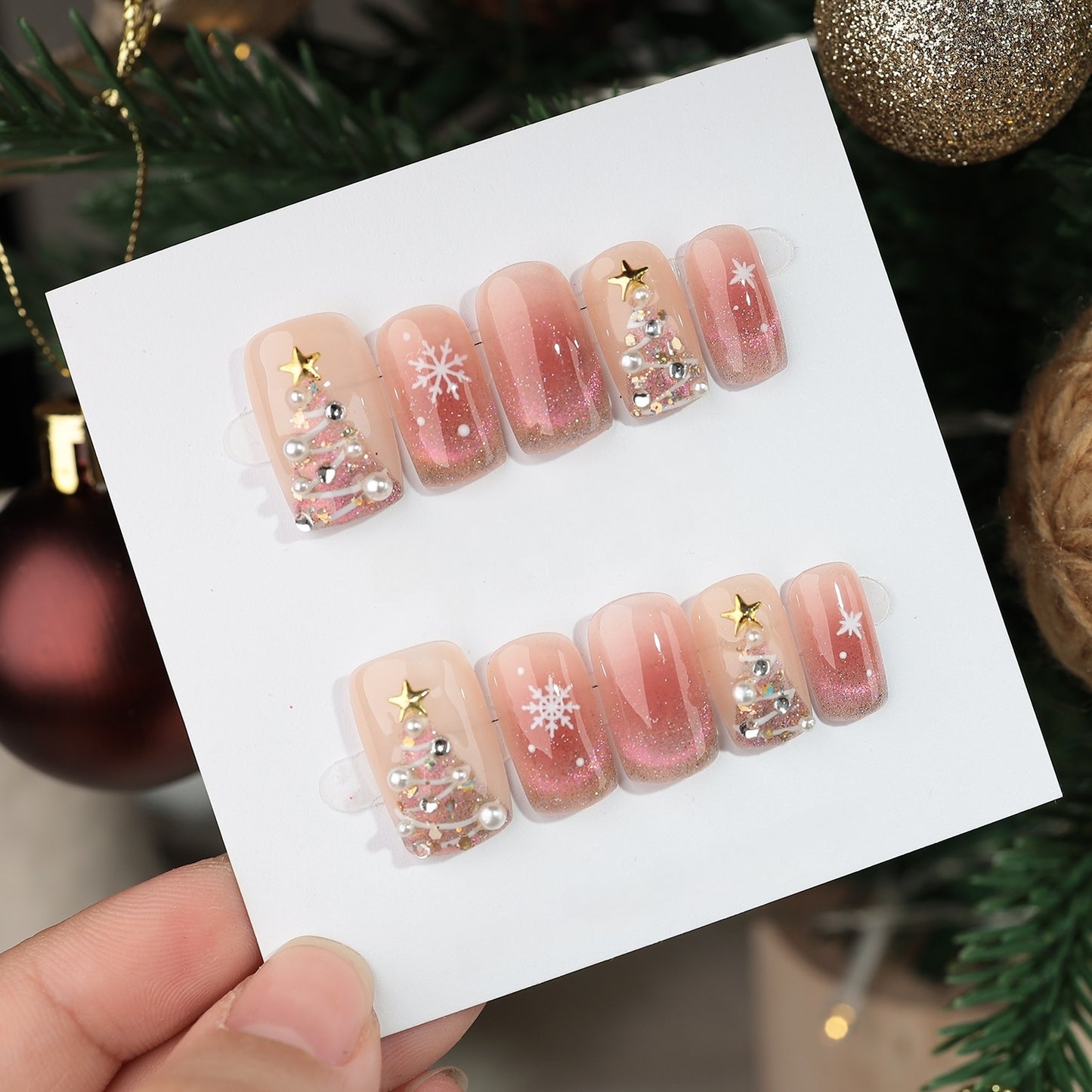 Pink Glided Gold Cat-eye Christmas Nail with Pearl - Medium Square