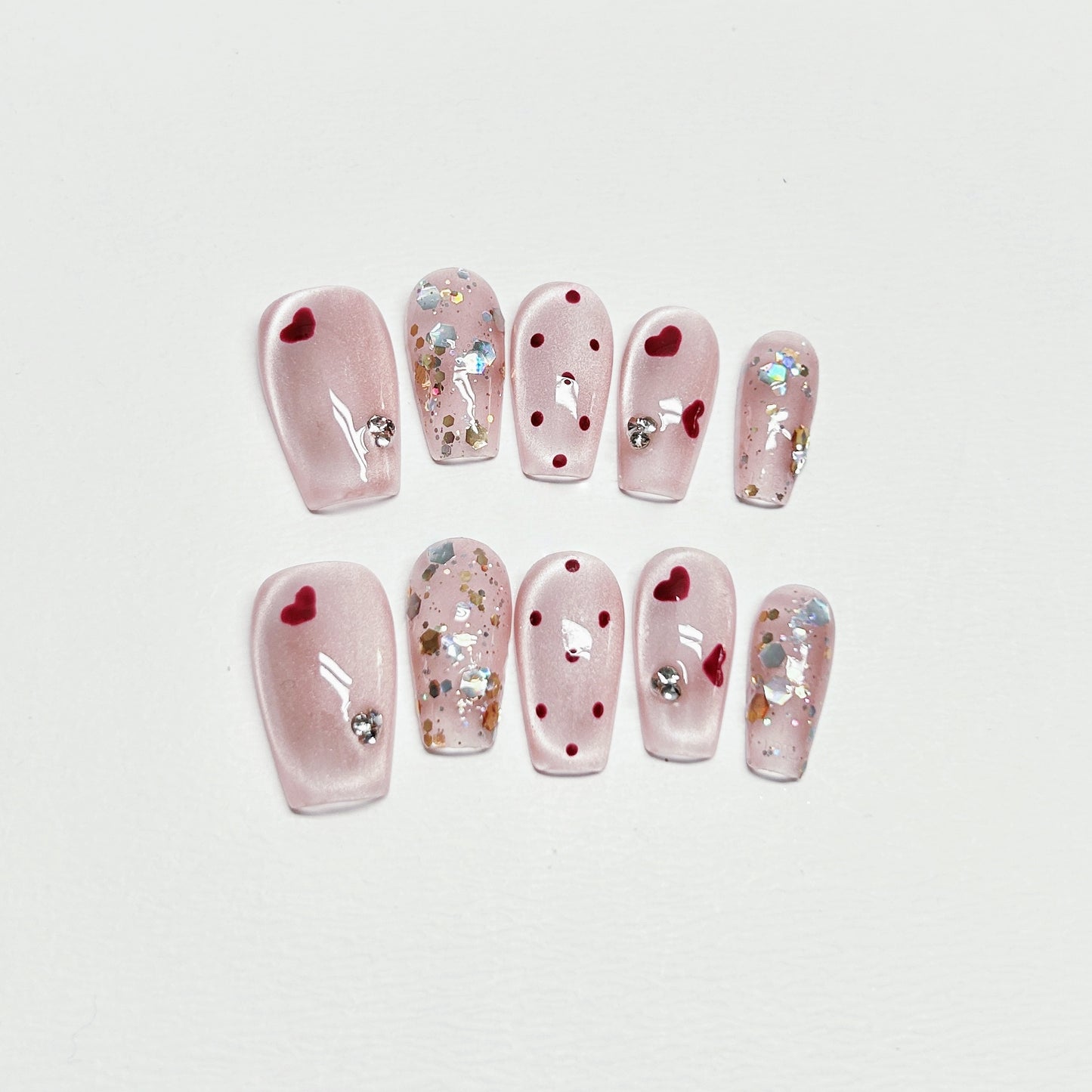 Pink Cat-Eye Polka Dot French Nails with Diamond - Medium Square