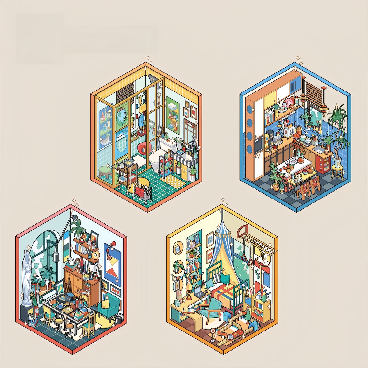 Little Home 3D Sticker | 4 Cute Miniature Scenes