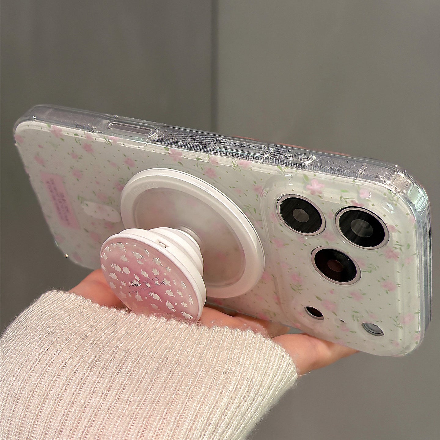 Green Leaves Pink Flowers Magnetic Stand Acrylic Phone Case