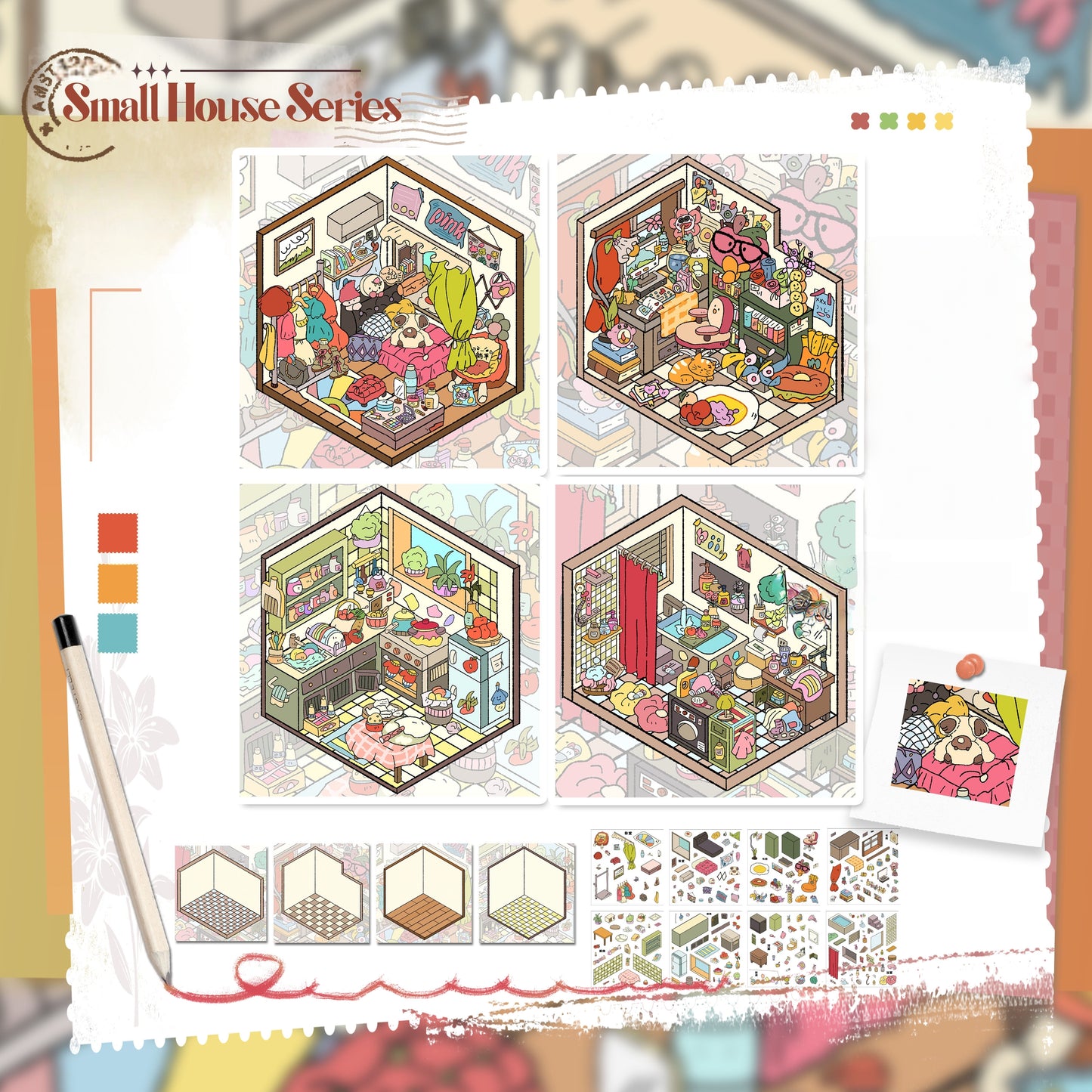 Small House Series 3D Sticker | 4 Cute Miniature Scenes