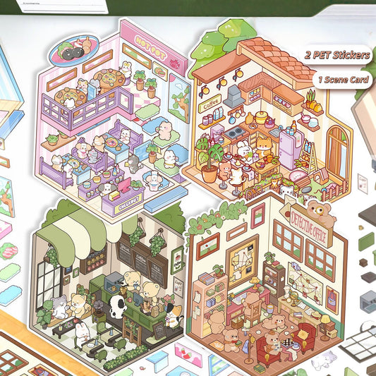 Tiny Shops 3D Sticker | 4 Cute Miniature Scenes