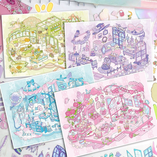 Cute Vintage Shops 3D Sticker | 4 Cute Miniature Scenes
