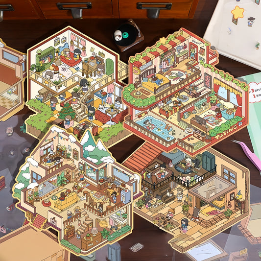 Cozy Party 3D Sticker | 4 Cute Miniature Scenes