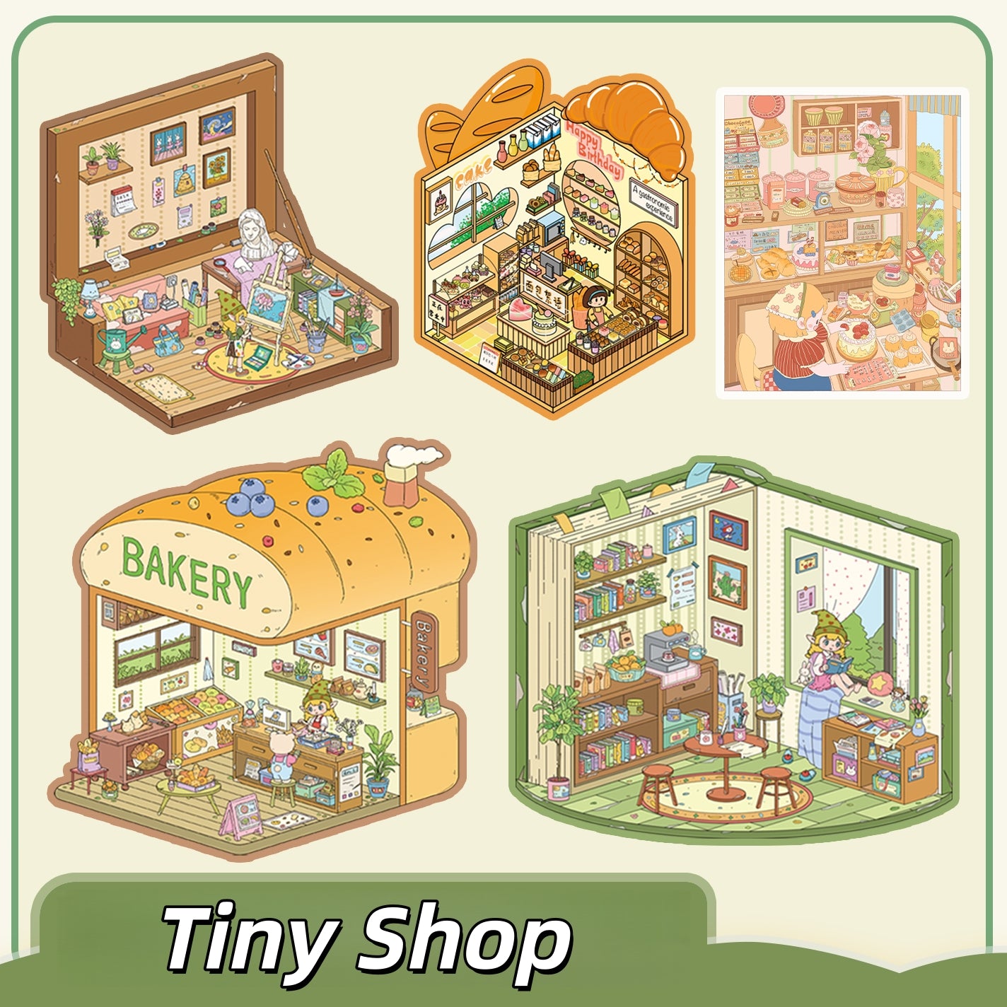 Tiny Shop 3D Sticker | 5 Cute Miniature Scenes